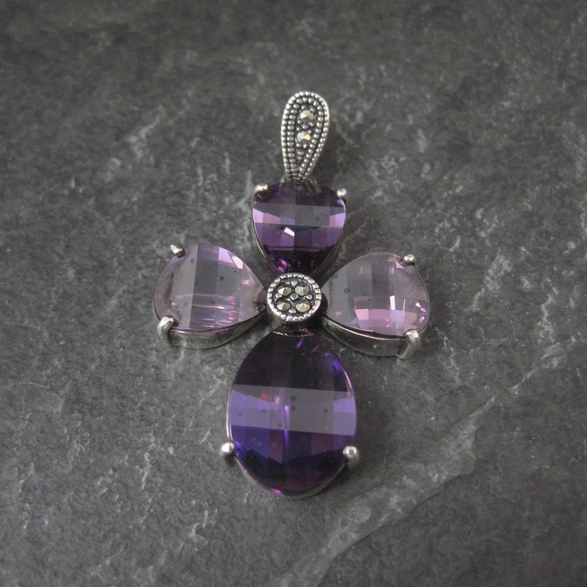Faceted Amethyst and Marcasite Cross Pendant in Sterling Silver