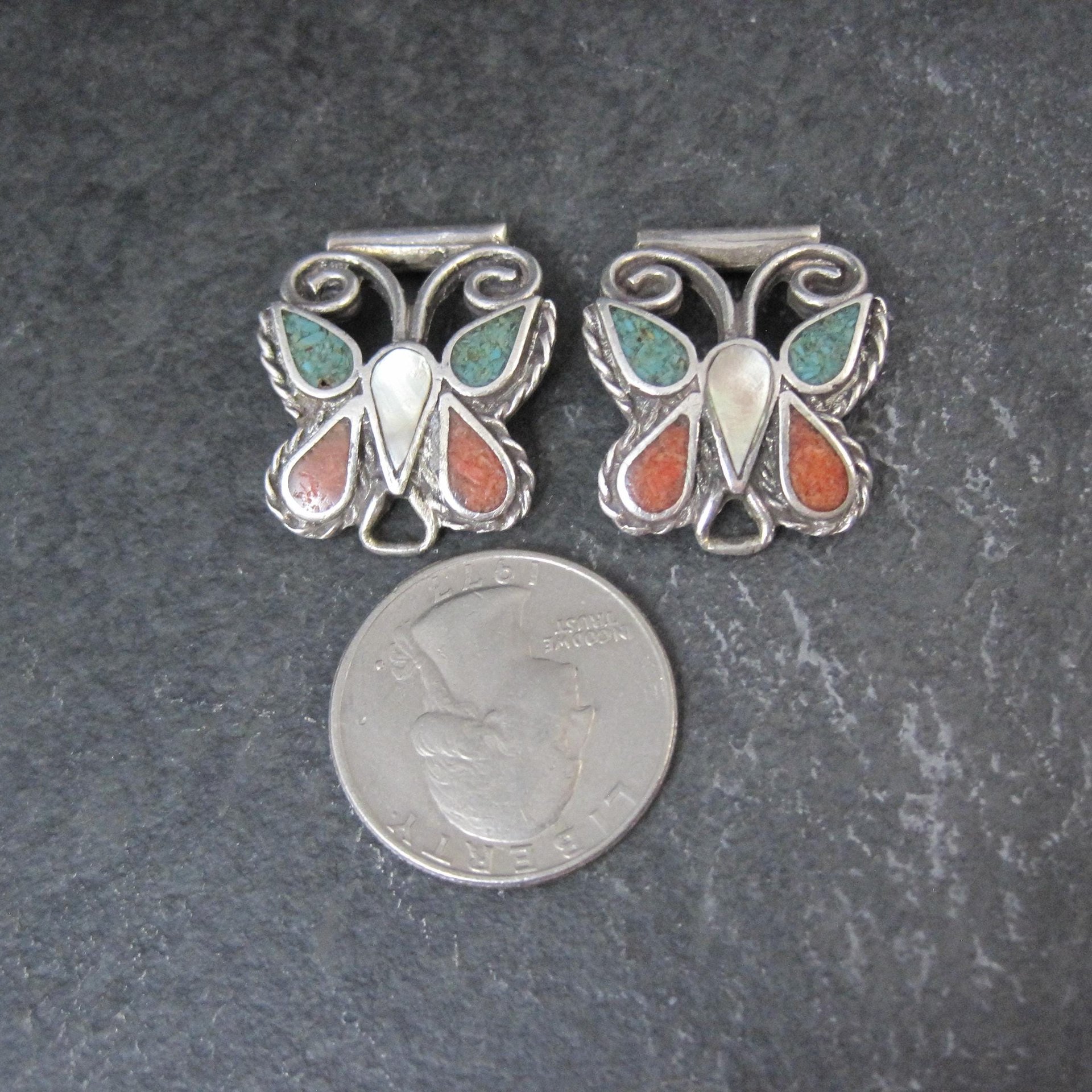 Vintage Inlaid Butterfly Watch Tips Sterling Silver Southwestern