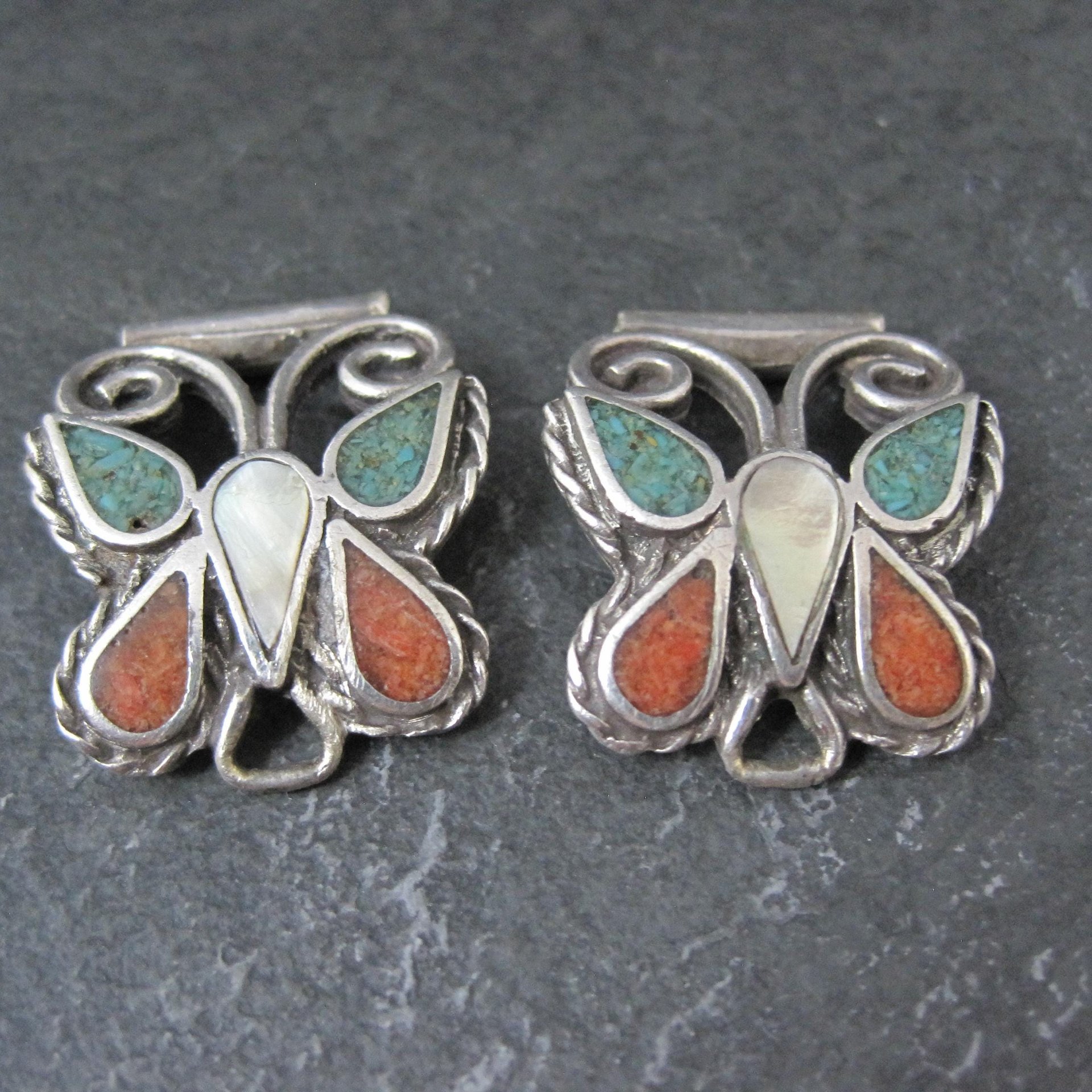 Vintage Inlaid Butterfly Watch Tips Sterling Silver Southwestern