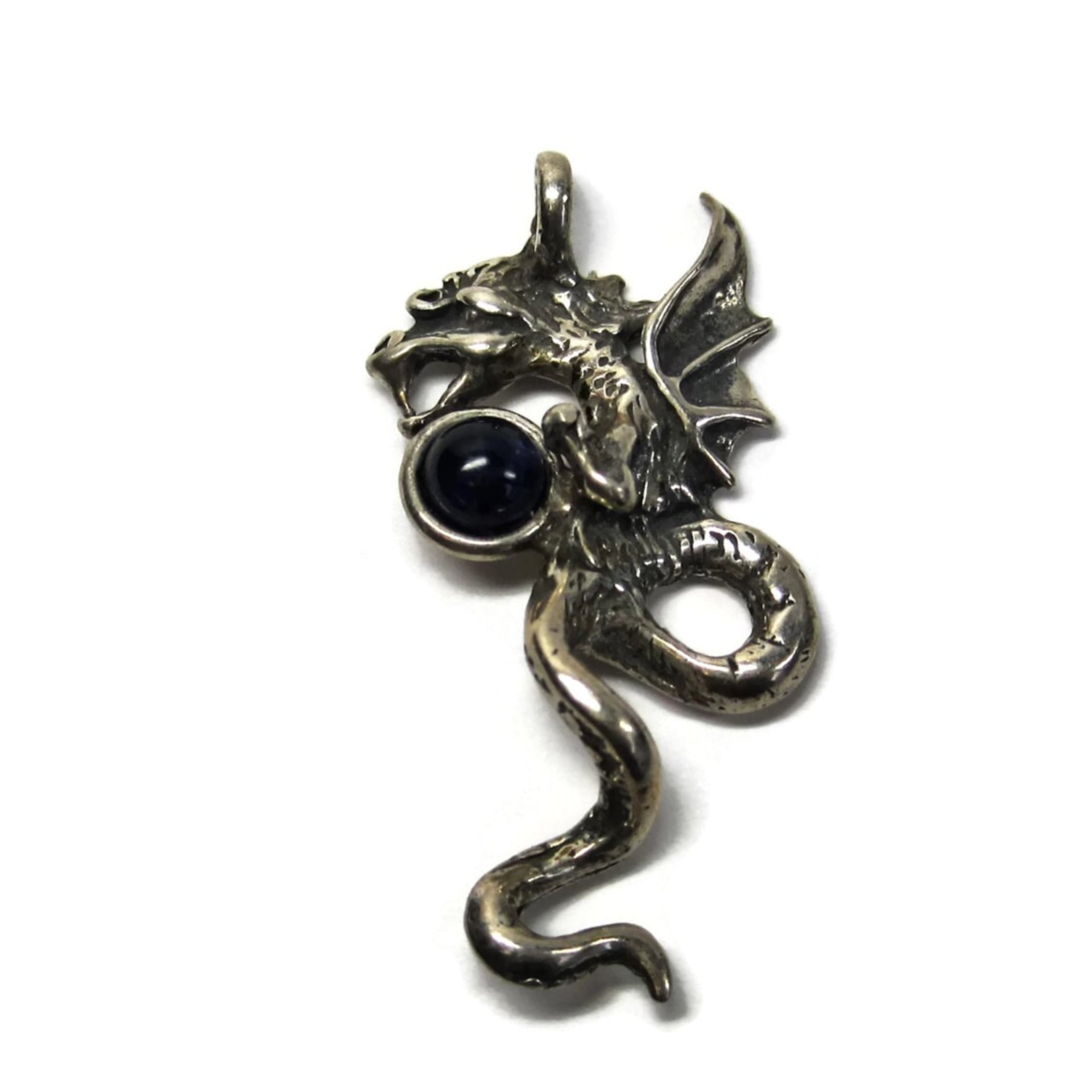 Vintage Sterling Iolite Winged Dragon Pendant
