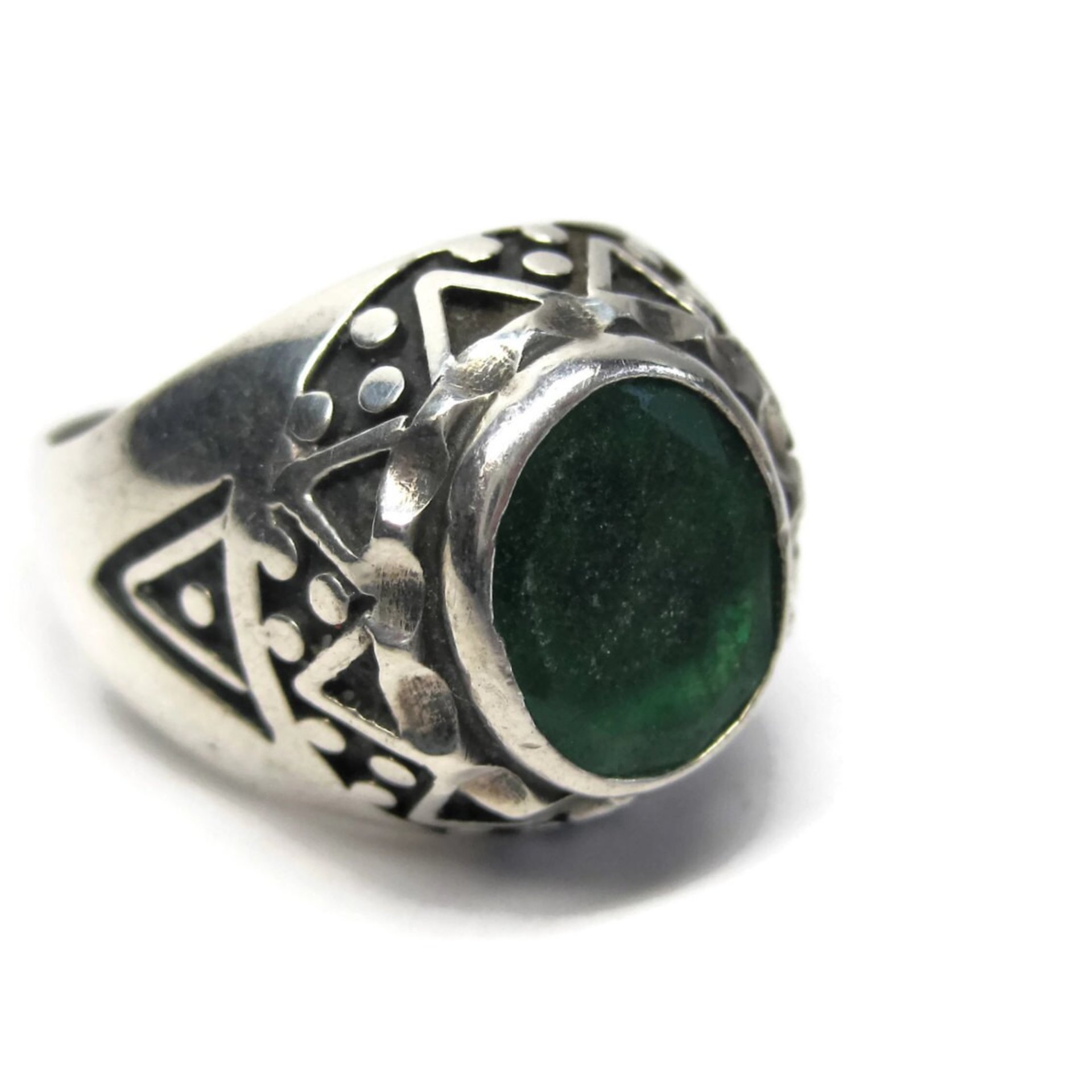 Mens Vintage Sterling Green Roman Glass Ring Size 11
