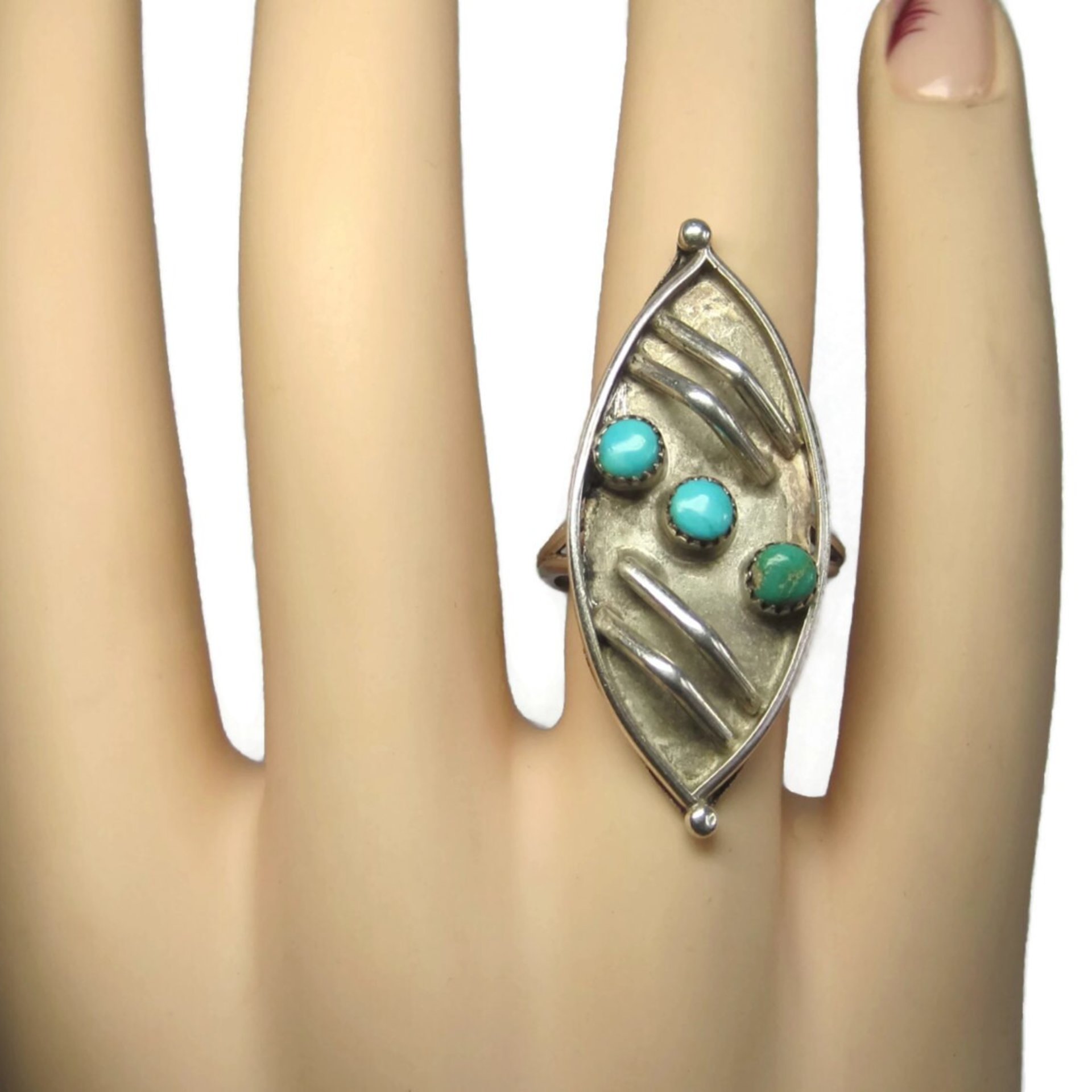 Long Vintage Navajo Sterling Turquoise Ring Size 7