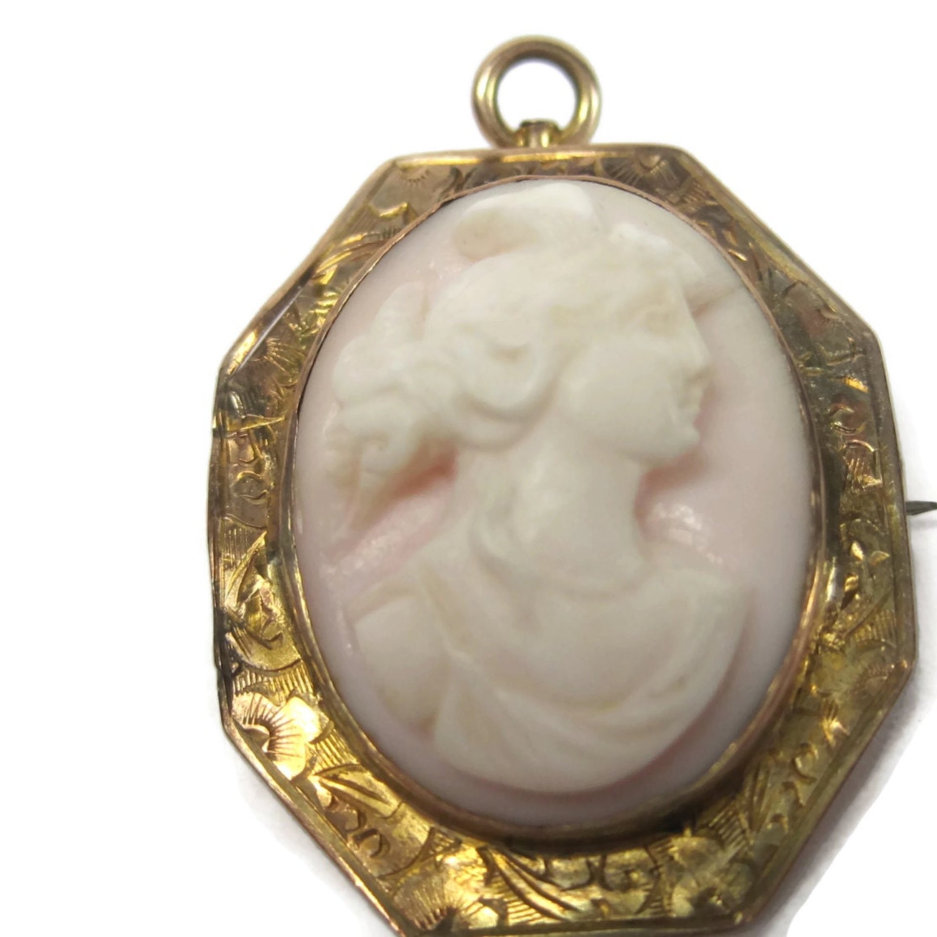 Antique 10K Carved Pink Cameo Brooch Pendant