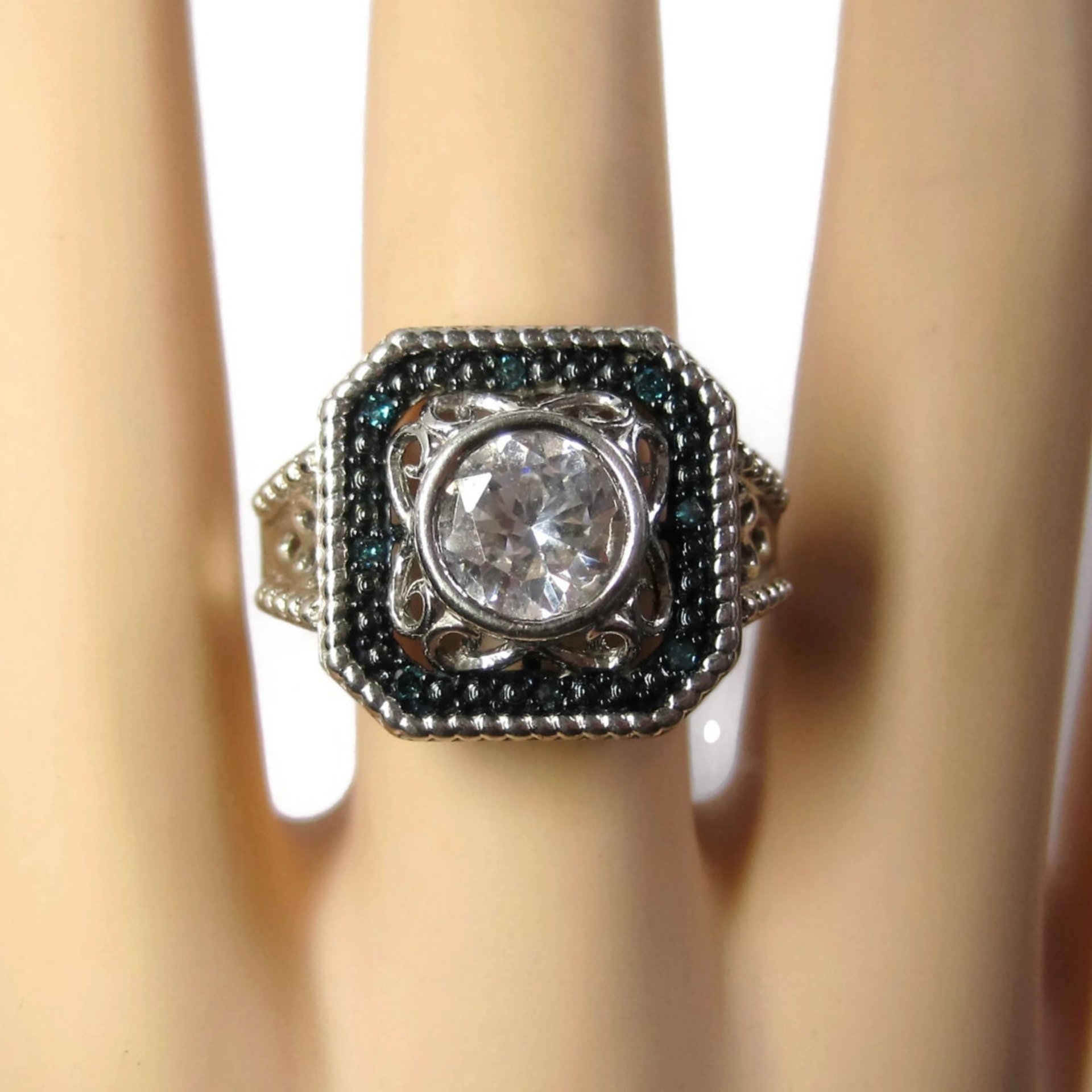 Chunky Handset 1.25 Carat Cubic Zirconia Blue Diamond Cocktail Halo Ring Size 9