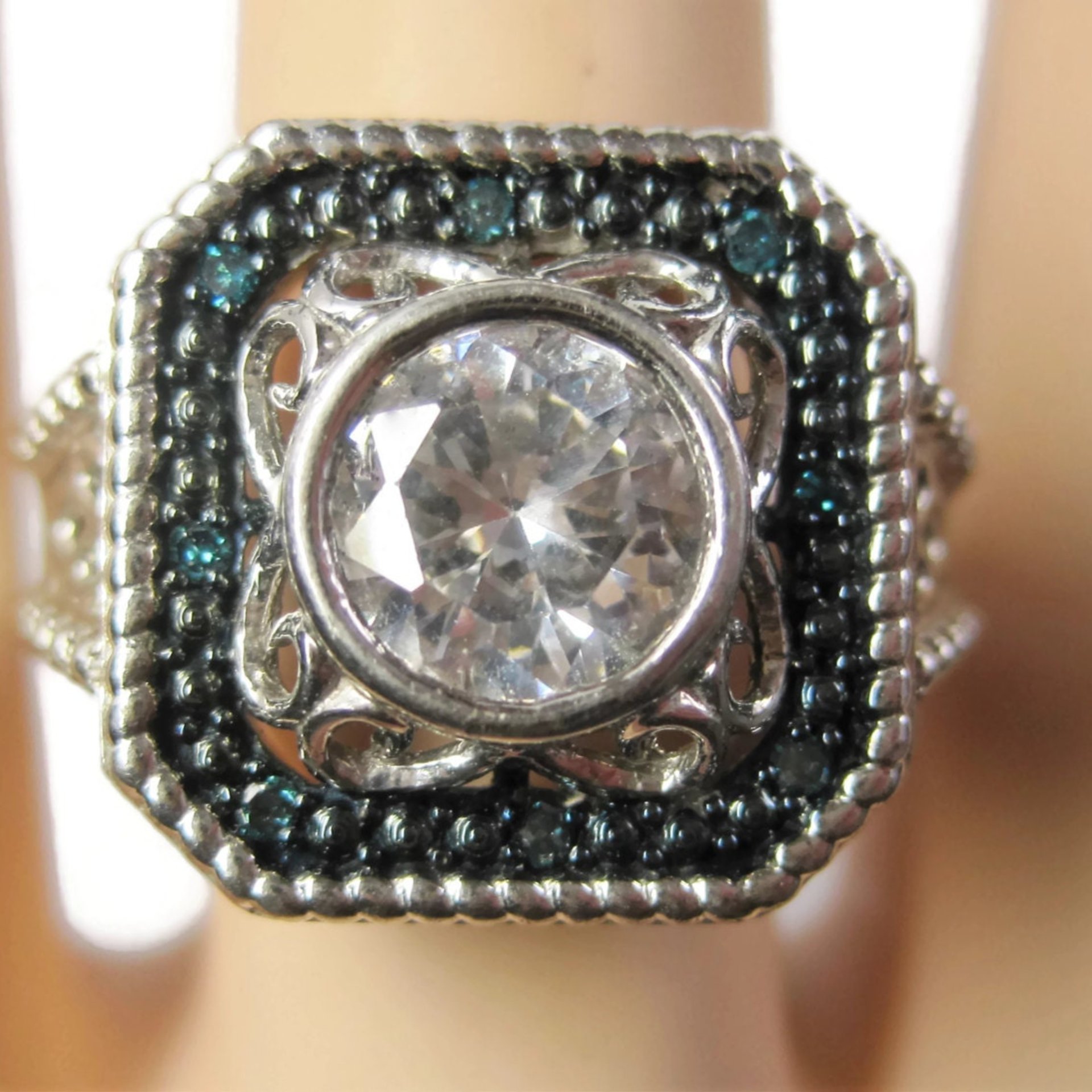 Chunky Handset 1.25 Carat Cubic Zirconia Blue Diamond Cocktail Halo Ring Size 9