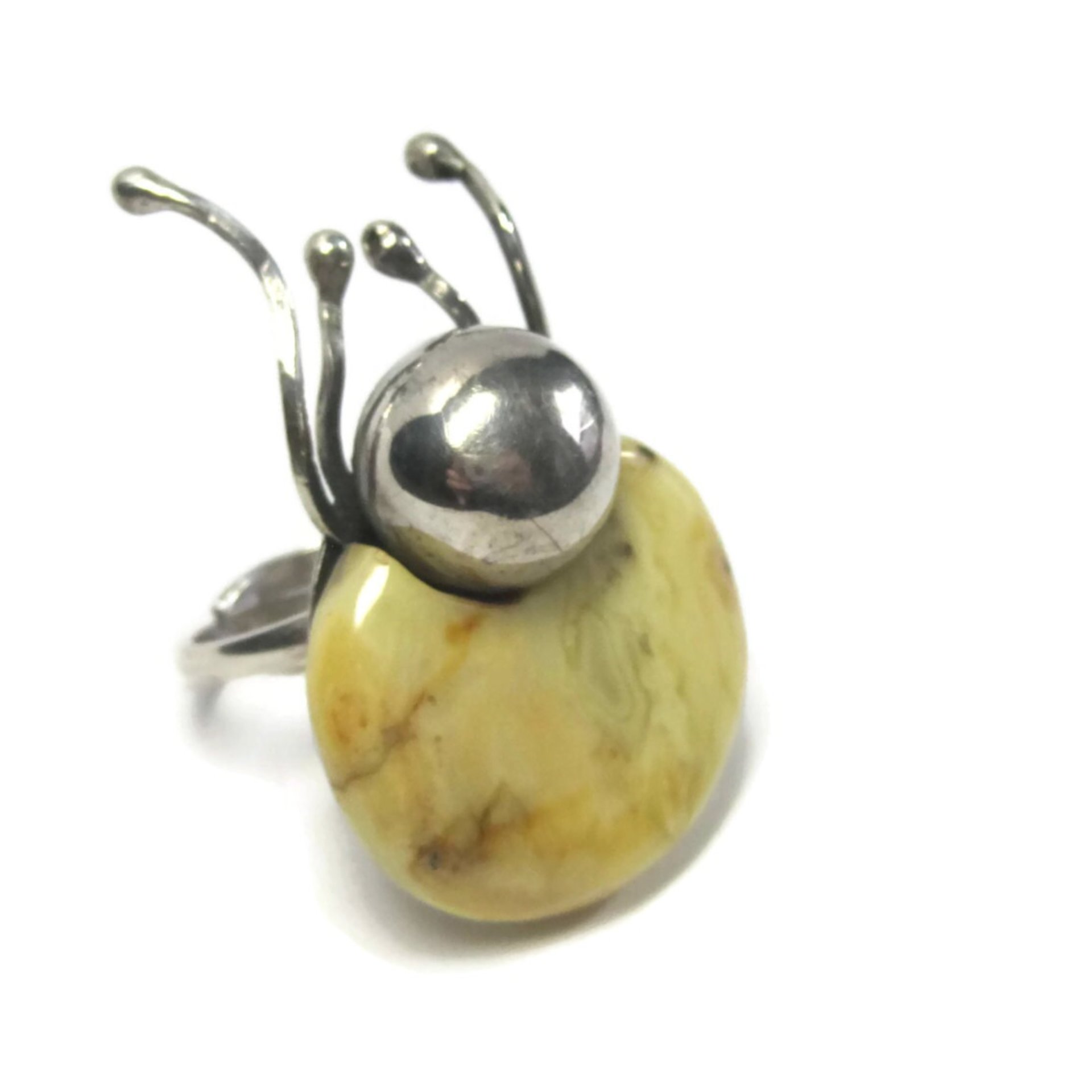 Vintage Artisan Sterling Baltic Egg Yolk Amber Beetle Bug Ring