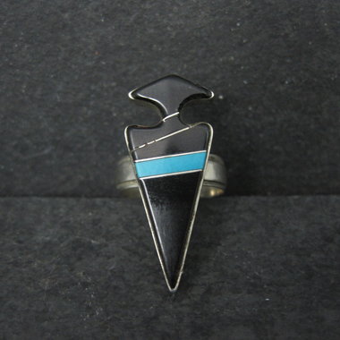 Vintage Sterling Silver Jet and Turquoise Inlay Arrowhead Ring Size 6 Signed