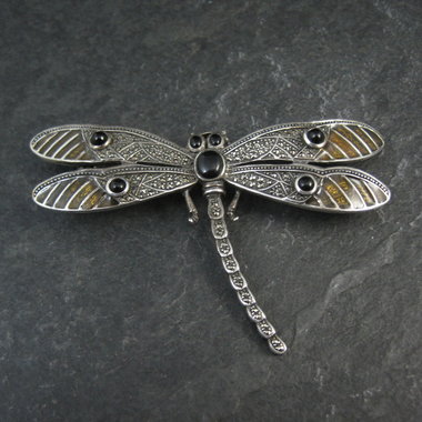 Large Sterling Silver Dragonfly Brooch with Onyx Enamel Marcasites