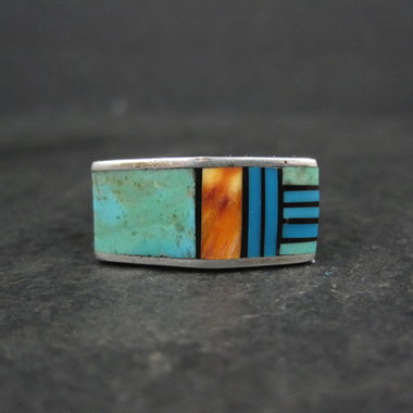 Vintage Southwestern Sterling Turquoise Spiny Oyster Inlay Ring Size 7