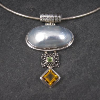 Large Vintage Sterling Peridot Topaz Mabe Pearl Pendant
