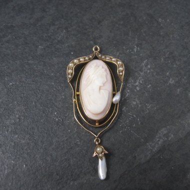 Antique 10K Seed Pearl Cameo Pendant