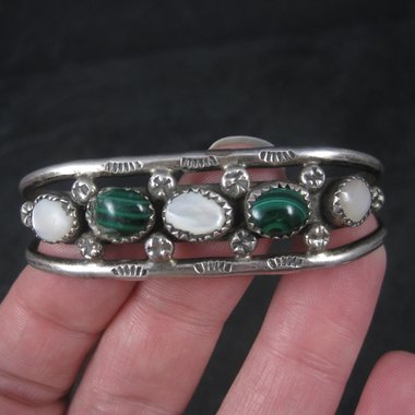 Vintage Southwestern Sterling Malachite Mother of Pearl Cuff Bracelet 6 Inches