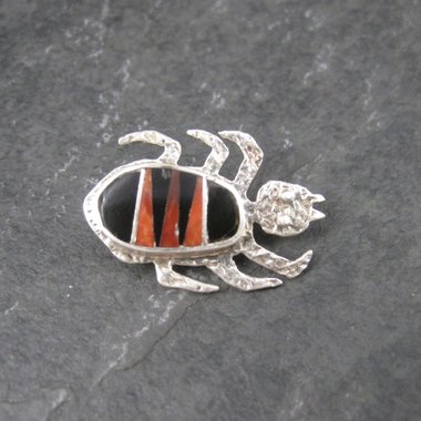 Southwestern Sterling Coral Jet Beetle Brooch Pin