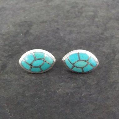 Turquoise Inlay Earrings Vintage Southwestern Sterling Studs