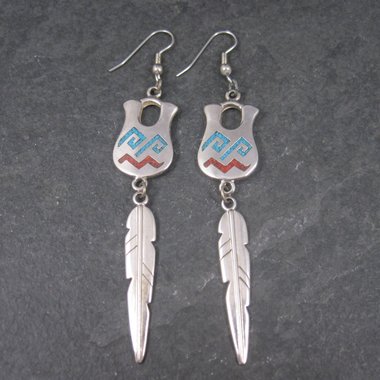 Vintage Southwestern Sterling Turquoise Coral Pot Feather Earrings