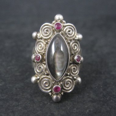 Vintage Sajen Black Mother of Pearl Ruby Ring Size 8