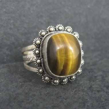 Vintage 950 Sterling Cannetille Tigers Eye Ring Adjustable Size 9