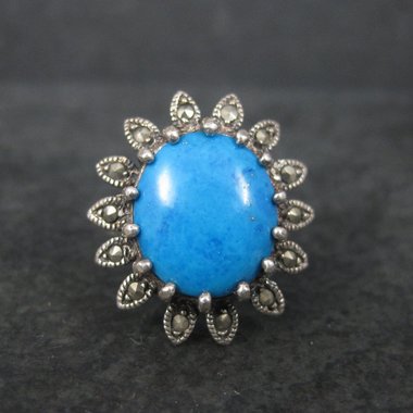 Vintage Sterling Blue Magnesite Marcasite Starburst Ring Size 8