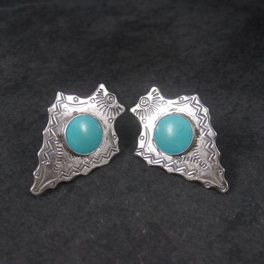 Vintage Sterling Block Turquoise Arrowhead Screw Back Earrings