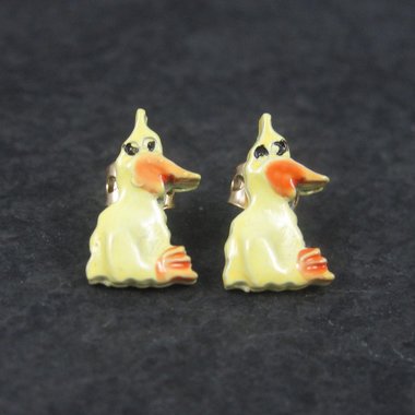 Cartoon Duck Earrings Vintage Estate Gold Filled Enamel