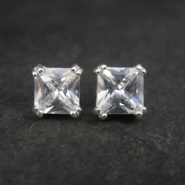 Vintage Sterling 7mm Princess Cut Cubic Zirconia Stud Earrings