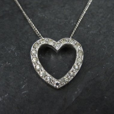 Vintage Sterling Rhinestone Heart Pendant Necklace 16"
