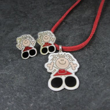 Vintage Enamel Sterling Girl Necklace Earrings Jewelry Set