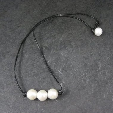 Simple Leather and Genuine Pearl Necklace 16 Inches