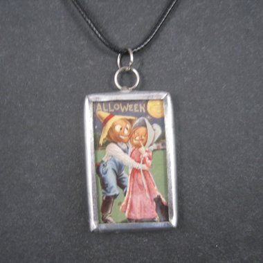 Vintage Halloween Postcard Pendant Necklace