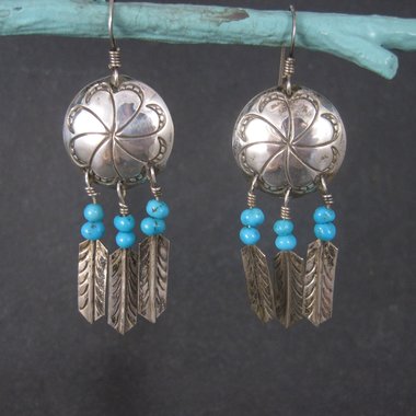 Estate Southwestern Sterling Concho Feather Earrings