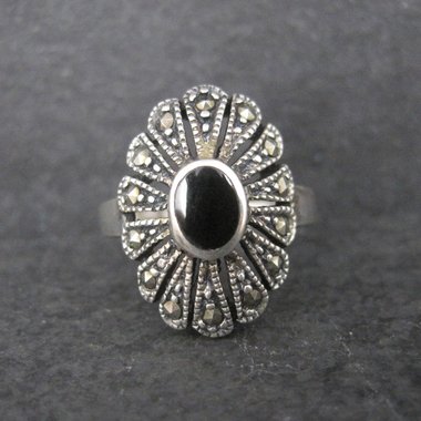 Vintage Sterling Onyx Marcasite Ring Size 7