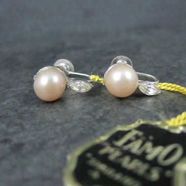 Vintage Famo Pearl Rhinestone Screw Back Earrings