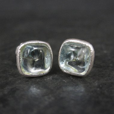 Estate Sterling Carved Blue Art Glass Stud Earrings