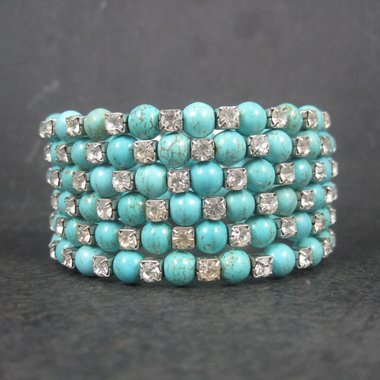 Vintage Turquoise Magnesite Rhinestone Wrap Bracelet 6.5 Inches