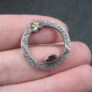 Sterling Antique Enamel Violet and Amethyst Circle Brooch C Clasp