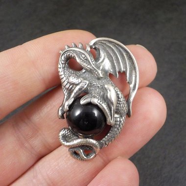 Vintage Sterling Silver Black Onyx Dragon Pendant