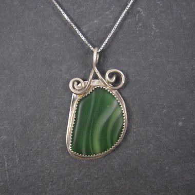 Vintage Sterling Green Beach Glass Pendant Necklace