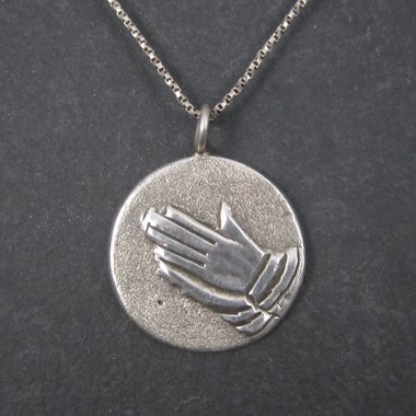 Vintage Sterling Praying Hands Pendant Necklace