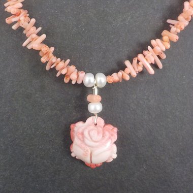 Vintage Coral Pearl Rose Necklace 17 Inches