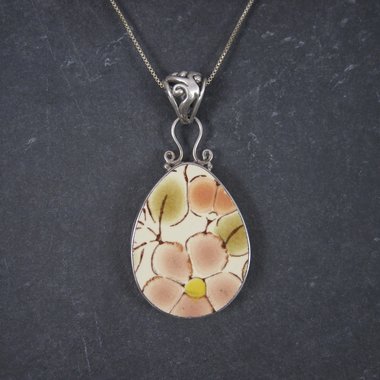 Vintage Sterling Floral Pottery Pendant Necklace