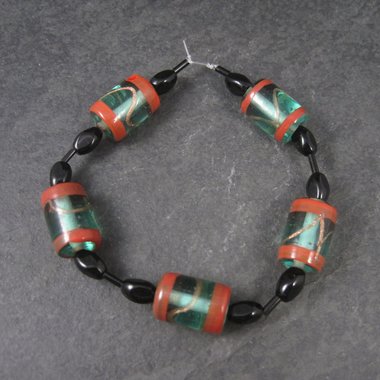 Vintage Handmade Green Orange Venetian Glass Bead Strand