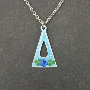 Vintage Blue Rose Guilloche Pendant Necklace New Old Stock