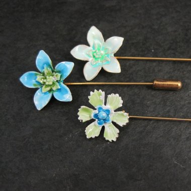 Vintage Enamel Flower Stick Pins Lot of 3