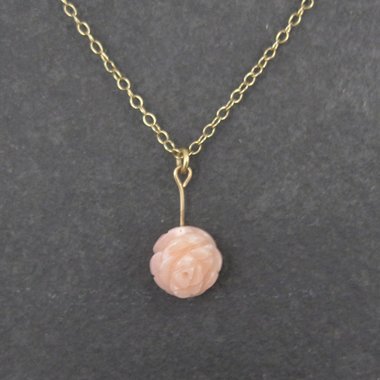 Tiny Pink Coral Rose Pendant Necklace 12K Gold Filled 16 Inches