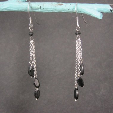Long, Dainty Black Tourmaline Earrings Sterling Silver Estate Jewelry
