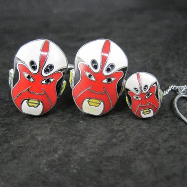 Vintage Enamel Kabuki Cufflinks and Tie Tack Set Red Black and White New Old Stock