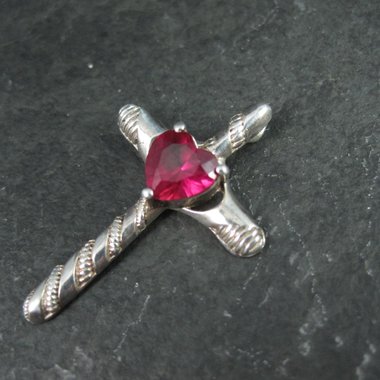 Sterling Silver Ruby Heart Cross Pendant