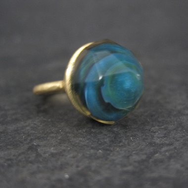 Bronze Blue Art Glass Ring Size 5.5 One of a Kind