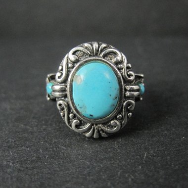 Estate Sterling Turquoise Ring Ornate Size 8 NK