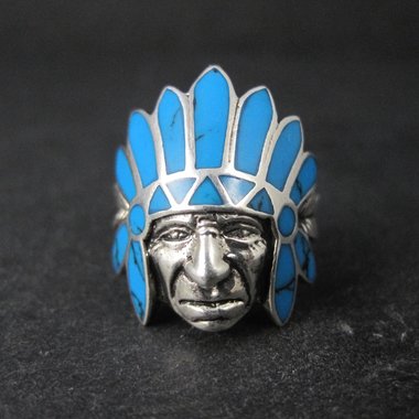 Sterling Silver Turquoise Indian Chief Turquoise Headdress Ring Size 7.5